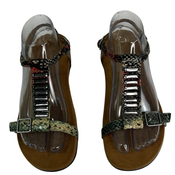 Vionic 342 Navassa Tan T Strap Embellished Snakeskin Sandals Womens 7 Comfort - Picture 1 of 12